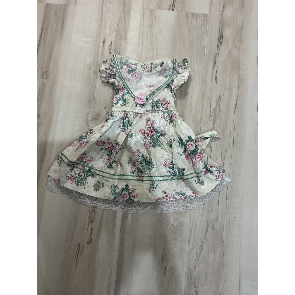 Rare Editions Vintage Floral Lace Dress 3T Pink Green Rose Cottagecore USA Made